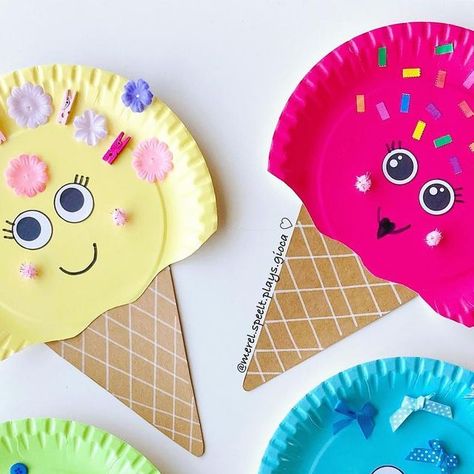 Kelly on Instagram: "♡ Paper Plate Ice Cream Crafts ♡ ♡ Ijs Knutsels ♡  •  We had so much fun crafting these paper plate ice cream crafts!! 🤩 🍦  How to: ♥ draw an ice cream flavour on a paper plate and cut out ♥ draw an ice cream cone on cardboard and cut out ♥ glue both parts together ♥ add (googly) eyes and make silly faces ♥ decorate with craft gems, glitter, stickers, buttons, clothespins, …   🇳🇱 Hoe maken: ♥ teken de vorm van een ijsbol op een papieren bordje en knip uit ♥ teken een ijshoorntje op karton en knip uit  ♥ kleef beide delen aan elkaar ♥ voeg (wiebel)oogjes toe en maak gekke gezichtjes ♥ extra: versier je knutsel met knopen, diamantjes, glitter, wasknijpertjes, stickers, …  ❣️ Don’t forget to SAVE this post for later. Thank you! 😘  •  #recyclemeplay  #cardboardsensory Ice Cream Art And Craft, Ice Cream Art Activity Preschool, Ice Cream Art Prek, I’ve Cream Craft Preschool, Craft Ice Cream, Ice Cream Flavour, Summer Alphabet, Ice Cream Cone Craft, Ice Cream Craft