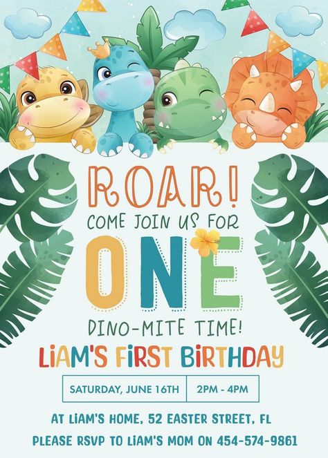 Adorable Kids Birthday Bash Invitations Dinosaur 1st Birthday Invitations, Dinosaur 1st Birthday Party Invitations, Dinosaur Themed Birthday Invitations, Dinosaur First Birthday Invitations, One Dino Mite Party, Cute Dinosaur Invitations, Dino Birthday Party Invitations, Birthday Theme Dinosaur, Birthday Theme For 1 Year Boy