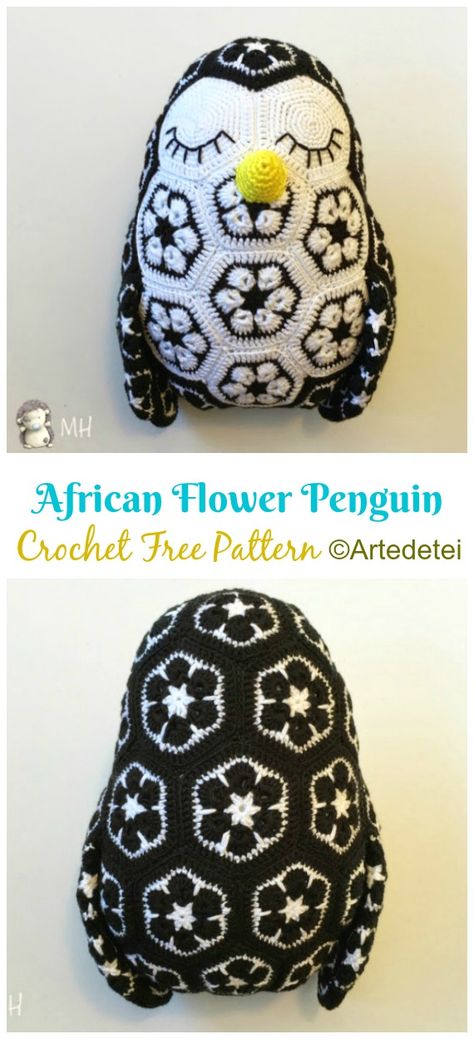 Amigurumi African Flower Penguin Crochet Free Pattern - Crochet #Penguin; #Amigurumi; Free Patterns Crochet Penguin Amigurumi, African Flower Crochet Animals, Penguin Amigurumi, Penguin Crochet, Flower Fall, Crochet African Flowers, Free Pattern Crochet, Crochet Penguin, Crochet Animal Amigurumi