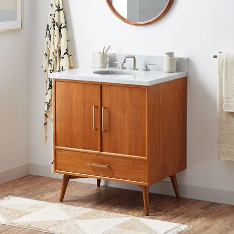 Single Sink Vanities | Signature Hardware Teak Bathroom Vanity, Teak Bathroom, Teak Vanity, Teak Mirror, Quartz Vanity Tops, Acrylic Tub, Vanity Basin, Single Sink Vanity, Marble Vanity Tops