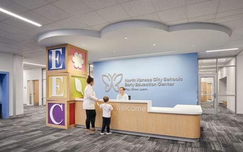 North Kansas City Schools Early Education Center - Education Snapshots Front Desk Design, School Reception, Classroom Interior, Lectures Hall, Modular Lounges, Wall Exterior, Reception Design, Education Architecture, Education Center