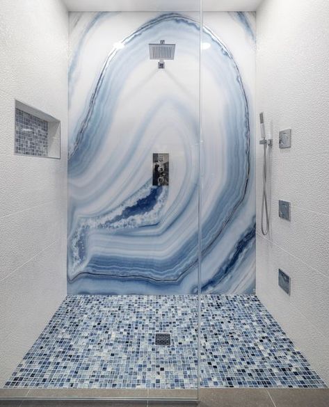 Blue Marble Tile, Pool House Bathroom, Bathroom Shower Panels, Marble Interior, Full Bathroom Remodel, Crystal Room, Home Design Magazines, Marble Showers, Tiles Design