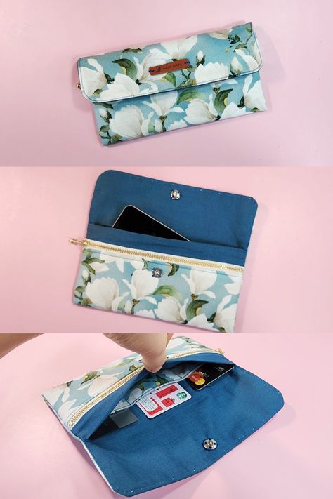 Easy to make!! How to make a fabric long wallet that can hold a cell phone Phone Bag Diy, Upcycled Denim Diy, Canvas Bag Diy, Diy Clutch, Diy Bags Purses, Diy Handbag, Bag Diy, Denim Crafts, Denim Diy