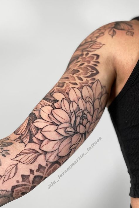 Shows an arm with fresh black linework tattoo of dahlias and dotwork mandalas. With black line details and shading. Mandala Inner Bicep Tattoo, Mandala Shading Tattoo, Dainty Filler Tattoo, Floral And Geometric Tattoo Sleeve, Mandala Tattoo Back Women, Mandala Tattoo With Flowers, Mandala Flower Tattoos Forearm, Floral Tattoo Filler, Line Work Sleeve Tattoo