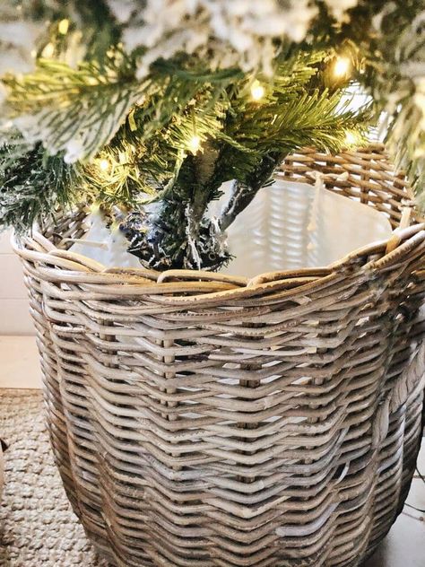 How To Style A Christmas Tree In A Basket - Liz Marie Blog Christmas Tree In Basket With Blanket, Small Christmas Tree Basket, Christmas Tree In A Basket Ideas, Christmas Tree With Basket Base, Baskets For Christmas Trees, Pencil Tree In Basket, Small Christmas Tree In Basket, How To Put A Christmas Tree In A Basket, Basket For Christmas Tree Stand