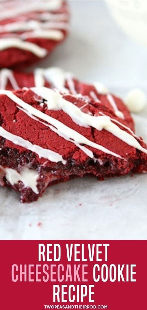 Looking for Christmas cookies best for holiday exchanges? Make this Red Velvet Cookies With A Surprise Cheesecake Filling Inside And A Delicious Drizzle Of White Chocolate. These Red Velvet Cheesecake Cookies Are A Great Dessert For Valentine�s Day, Chris Red Velvet Cheesecake Cookies, Cheesecake Cookies Recipes, Cookies Best, Cheesecake Cookie, Chocolate Chip Shortbread Cookies, Christmas Cheesecake, Velvet Cookies, Velvet Cheesecake, Cream Cheesecake