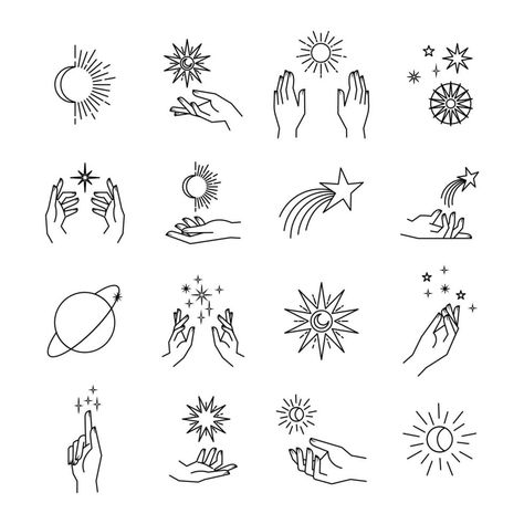 Aesthetic hands and cosmic and celestial elements. Universal cosmos related icons. Linear vector illustrations. Magic and Witchcraft symbology. Celestial Drawings, Cosmic Illustrations, Psychic Art, Celestial Illustration, Purple Goddess, Aesthetic Hands, Celestial Elements, Bohemian Elements, Astrological Symbols