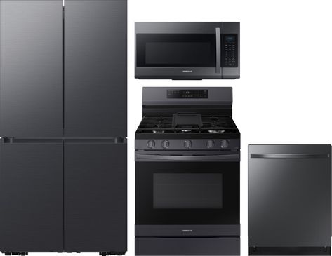 Full Refrigerator, Black Stainless Steel Appliances, Black Stainless Steel Kitchen, Black Appliances Kitchen, Over The Range Microwave, Smart Refrigerator, Stainless Steel Kitchen Appliances, Black Dishwasher, Fully Integrated Dishwasher