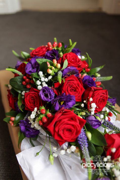 Red and purple rose wedding bouquet Red And Purple Rose Bouquet, Red And Purple Bridal Bouquet, Red Purple Yellow Bouquet, Purple And Red Floral Arrangements, Red Purple Bouquet, Purple And Red Birthday Party Ideas, Purple And Red Wedding Flowers, Purple And Red Wedding Theme Bridesmaid Dresses, Red And Purple Flower Arrangements