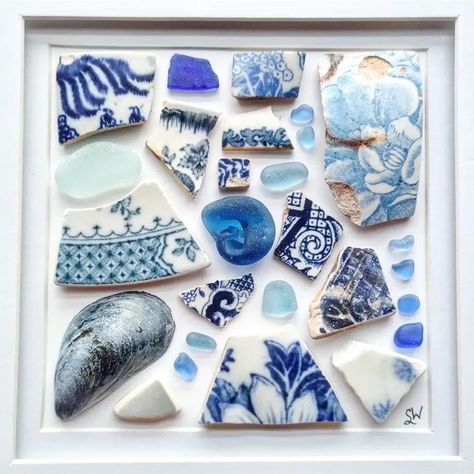 Steph || Red Island Sea Glass on Instagram: "NEW Sea Treasure Frames in shop 💙💙💙💚💚💚❤️❤️❤️ Swipe to see all 4 of them! All of my frames are filled with real hand-collected sea treasures (Not prints). So many special and rare pieces in every frame! 💕💓💘 Link in bio or send me a message on here for a PayPal invoice ☺️ I've added some new marble listings to the shop as well ✨ Let me know which one speaks to you 👄 #seaglass #seapottery #handmadeincanada #sustainableshopping #ecofriendlyprodu Seaglass Display Ideas, Seaglass Display, Sea Glass Display, Natural Crafts, Sea Treasure, Sea Glass Mosaic, Sea Glass Art Projects, Pottery Projects, Ceramic Mosaic