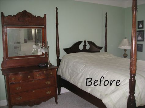 Kammy's Korner: Four Poster Bed: Cherry Finish Meets Shabby Chic  BEFORE Rice Bed, Cherry Bedroom Furniture, 4 Poster Bed, Cherry Bedroom, Old Bedroom, Dark Wood Bedroom, Bed Makeover, Cherry Furniture, 4 Poster Beds