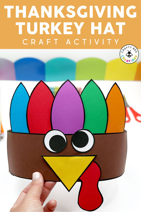 Use this Turkey Hat Craft to celebrate Thanksgiving and all of the November festivities this fall! Print it on cardstock or colored construction paper to make the day festive and fun. Kids in preschool, kindergarten, first grade, and beyond will love parading this fun hat around the classroom. Write what students are thankful for on the feathers or add it to fine motor centers to cut and paste practice. Thanksgiving Craft Kindergarten Easy, Preschool Turkey Headband Crafts, Cotton Ball Turkey Craft, Thanksgiving Day Headband, 1st Grade Turkey Craft, Turkey Crown Craft, Thankful For Crafts Preschool, Thanksgiving Crafts With Construction Paper, Turkey Craft First Grade