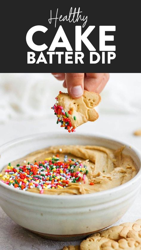 This funfetti cake batter dip is a sweet treat that is not only delicious but healthy! It's made with garbanzo beans, maple syrup, cashew butter, and vanilla. It tastes exactly like cake batter! Edible Cake Batter, Prep Desserts, Edible Desserts, Funfetti Cake Batter Dip, Fiber Meals, Cleansing Recipes, Cookie Dough Dip Recipe, Chickpea Recipes Easy, Perfect Vanilla Cake