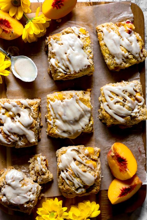 Peach Scones, Glazed Peaches, Gluten Free Scones, Scones Ingredients, Sugar Glaze, Bananas Foster, Gf Desserts, Peach Pie, Scone Recipe