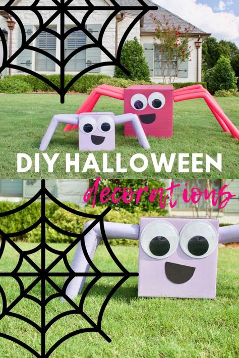 Create a fun outdoor Halloween decoration display with these large scale colorful spiders! They are easy to DIY with pool noodles and a box! #OutdoorHalloweenDecorations #DIYHalloweenDecorations Halloween Event Decor, Yard Decorations Diy, Creepy Halloween Decorations Diy, Kid Friendly Halloween Decorations, Halloween Yard Decorations Diy, Halloween Decorations Party Scary, Easy Outdoor Halloween Decorations, Scary Halloween Decorations Outdoor, Halloween Diy Outdoor