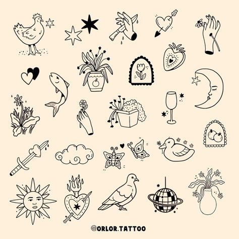 new flash sheet woooo 🥳 some art I’d love to tattoo on your skin swipe for colour option ideas! also I can always edit designs slightly for you too! all available for handpoke. I always do deals when you book more than on design in a session! so just message me for a quote :) based at @harmlesstattoo in Braintree, Essex #tattooflash #handpoke #handpokeflash #stickandpoke #colourtattoo #essextattoo #hertfordshiretattoo #suffolktattoo Small Tattoo Illustrations, Simple Tattoo Sheet, Hand Poke Flash, Sticker Flash Tattoo, Silly Flash Tattoos, Fall Flash Sheet, Easy Flash Tattoo Designs, Handpoked Tattoo Ideas, Stick And Poke Tattoo Ideas Meaningful