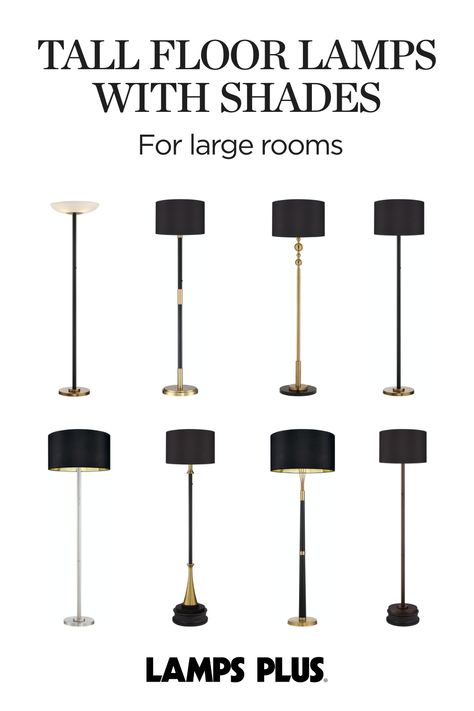 Tall floor lamps with shades; torchiere floor lamps with shades; tall floor lamps for large or oversized rooms Extra Tall Floor Lamp, Tall Modern Floor Lamps, Lamp With Black Shade, Tall Floor Lamp, Tall Floor Lamps, Torchiere Lamp, Lamp Ideas, Gold Floor Lamp, Tall Lamps