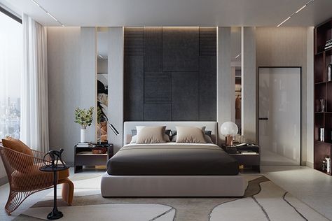 SKYLINE HOUSE APARTMENT INTERIOR DESIGN on Behance Guest Bedroom Home Office, Appartement Design, Design Del Prodotto, Contemporary Bedroom, Apartment Interior Design, Guest Bedrooms, Autodesk 3ds Max, Apartment Interior, Luxurious Bedrooms