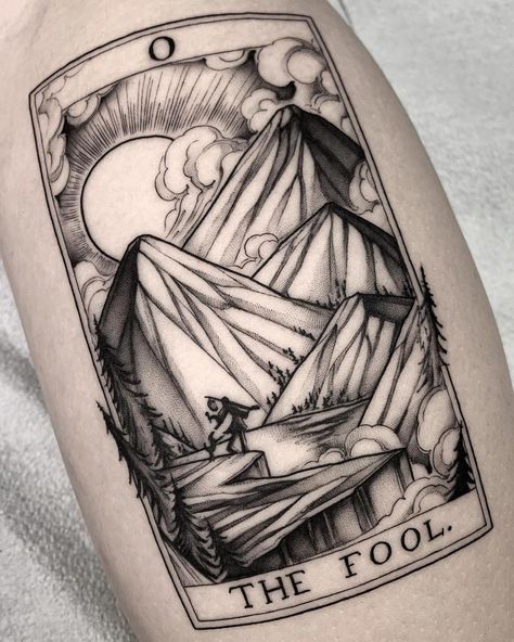 The Fool tarot card by Squire Strahan an artist at Heart Tattoo in Tampa heights, Florida. The Fool Tattoo, Fool Tattoo, The Fool Tarot Tattoo, Hermes Tattoo, The Fool Tarot Card, Fool Tarot Card, The Fool Tarot, Tarot Card Tattoo, Tarot Tattoo