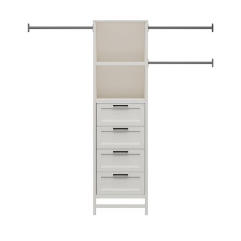 Let us take the guesswork out of your closet organization project. The Luxe Closet Collection from Systembuild Evolution offers a semi-modular closet system packed with all the luxurious features you love, as well as practical options to fit your unique organizational needs and budget. Each piece in this collection is expertly crafted from high-quality MDF (Medium Density Fiberboard) and engineered wood to ensure durability and style. Choose from several functional pieces, all with full back panels, 5-piece framed drawers, and so many more details that delight. (Each sold separately.) The Luxe 4-Drawer/3 Adjustable Clothing Rod Closet Tower provides versatile storage solutions with its three adjustable clothing rods, four drawers, and two open shelves. Incline the top shelf to showcase you Luxe Closet, Katrina Cottage, Wire Closet Systems, Wall Mounted Closet, Adjustable Clothing, Modular Closet, Elfa Closet, Closet Units, Custom Closet Organization