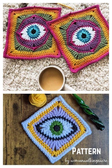 Granny Eye Square, Crochet Eyes Granny Square, Granny Square Crochet Pattern Sewing Patterns, Crochet Eyes Blanket, Crochet Eyeball Blanket, Granny Blocks Crochet, Crochet Patterns Using Granny Squares, Hippy Granny Square, Eyeball Granny Square Pattern Free