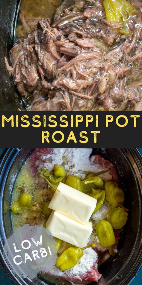 This Mississippi Pot Roast recipe is always a family favorite! This keto-friendly pot roast is made in a slow cooker with just four simple ingredients! Slow Cooker Mississippi Roast, Mississippi Pot Roast Recipe, Slow Cooker Mississippi Pot Roast, Crockpot Roast Recipes, Pot Roast Crock Pot Recipes, Low Carb Crock Pot Recipes, Pot Roast Recipe, Low Carb Low Fat Recipes, Mississippi Pot Roast