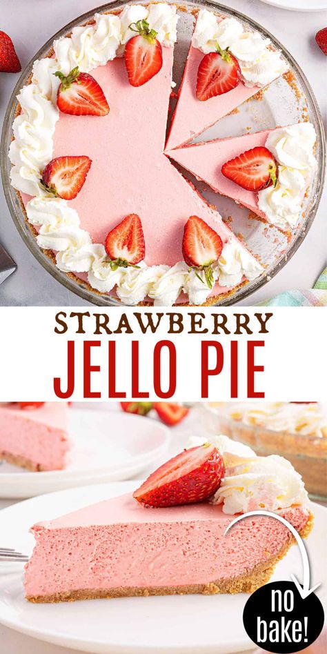 Jello Pie is a fun no-bake dessert made with strawberry JELL-O and Cool Whip! JELL-O filling is poured over a graham cracker crust then topped with whipped cream and strawberries in this easy recipe. Easy Cool Whip Pies, No Bake Pies With Graham Cracker Crust Easy, Jello Cool Whip Dessert, Strawberry Gelatin Recipe, Strawberry Jello Dessert, Jello Deserts, Strawberry Jello Pie, Cool Whip Pies, Jello Pie