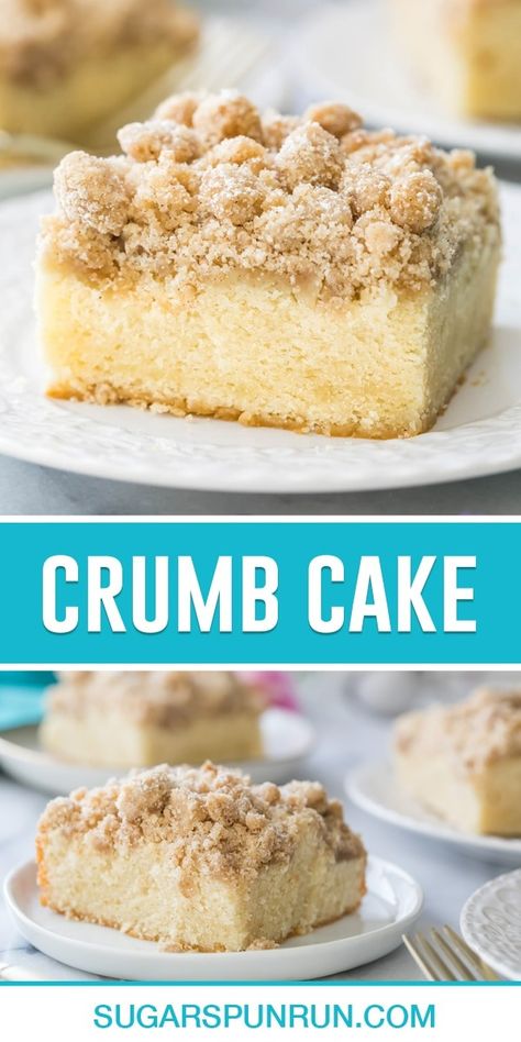 Both a breakfast and dessert, my Crumb Cake stands out from the foil-lined, premade cakes you can buy in the store. Light, moist, and piled high with crumb topping, this simple recipe comes together quickly, and it's big enough to feed a crowd. Recipe includes a how-to video! Cake Crumble, Crumb Cakes, Sugar Spun Run, Breakfast Favorites, Crumb Cake Recipe, Cinnamon Coffee Cake, Feed A Crowd, Coffee Cakes, Coffee Cake Recipes