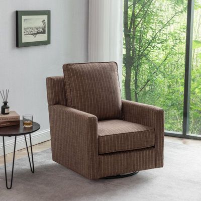 This classic glider armchair brings a blend of comfort and timeless style to your living room or nursery. It features an engineered wood frame with a straight silhouette and track arms, all wrapped in a polyester blend with your choice of pattern. This chair is designed with a high-density foam core seat and back for added comfort. Equipped with an enclosed ball-bearing mechanism, it allows for smooth rocking and swiveling motions, providing a full range of movement. Plus, cleaning is simple: Ju Swivel Club Chairs, Swivel Glider Chair, Nursery Glider, Glider Rocker, Nursery Chair, Glider Chair, Swivel Glider, Living Room Furniture Chairs, Club Chair