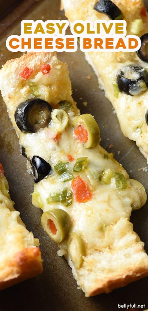 This Olive Cheese Bread recipe is an easy and delicious appetizer with salty olives, gooey cheese, and crunchy bread. Crazy good! Olive Cheese Bread Recipe, Olive Cheese Bread, Olives Recipes, Hors Devours, Crunchy Bread, Indulgent Recipes, Yummy Bread, Savory Cakes, Cheese Bread Recipe