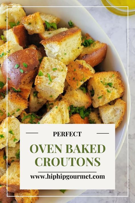 a bowl of croutons garnished with fresh chopped parsley, olive oil in the background Home Made Croutons Recipe, How To Make Croutons, Crouton Recipes, Leftover Bread, Croutons Homemade, Stale Bread, Easy Soups, Hearty Soups, Croutons