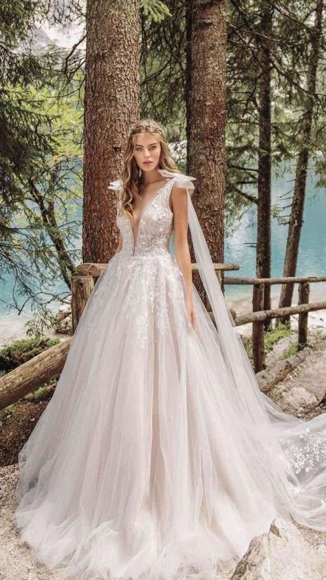 Elegant Boho Wedding Dresses | Wedding dresses whimsical, A-line wedding dress, Wedding dresses romantic Wedding Gown Ideas, Elegant Boho Wedding, Forest Wedding Dress, Gowns Princess, Nature Wedding Dress, Beaded Lace Wedding Dress, Wedding Dresses Whimsical, Wedding Dress Types, Gown Ideas