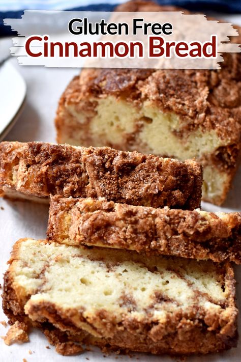 Slices of gluten free cinnamon swirl bread on a cutting board. Gluten Free Cinnamon Bread, Gluten Free Quick Bread Recipes, Cinnamon Swirl Bread Recipe, Gluten Free Quick Bread, Swirl Bread Recipe, Gf Treats, Moms Recipes, Cinnamon Bread Recipe, Gluten Free Cinnamon