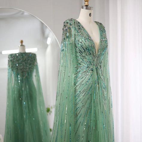 Evening Dresses Luxury Plus Size Formal Party Dress for Women Wedding Guest – DreamyVow Pink And Silver Dress, Green Evening Dresses, Elegant Cape, Gown With Cape, Cape Sleeve Dress, Green Evening Gowns, Sequin Cape, Green Evening Dress, Cape Gown