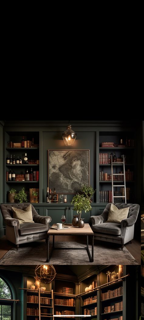 Mountain Library Aesthetic, Study Room Ideas For Men Home Libraries, Wet Bar Library, Dark Moody Library Office, Library Room With Piano, Speakeasy Library Room Ideas, Home Library With Bar, Masculine Home Library, Dark Office Library