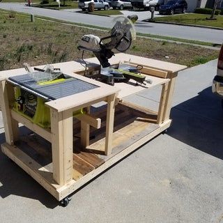 Mobile Workbench With Built-in Table & Miter Saws: 8 Steps (with Pictures) Table Saw Workbench, Mobile Workbench, Woodworking Bench Plans, Diy Workbench, Garage Work Bench, Workbench Plans, Woodworking Table, Woodworking Workbench, Bench Plans