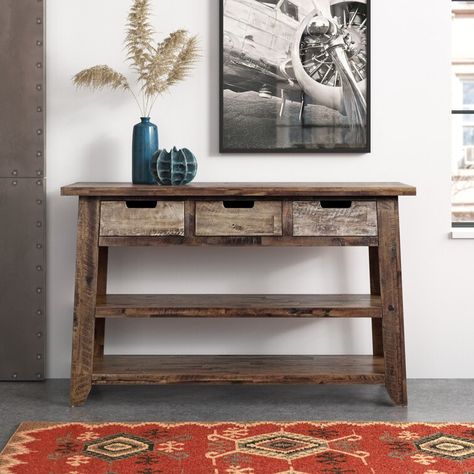 Steelside™ Bridgham 50'' Solid Wood Console Table & Reviews | Wayfair Rustic Hall Table, Table With Baskets Underneath, Scandi Home Decor, Small Console Tables, Sofa Table With Drawers, Rustic Entryway Table, Small Console Table, Reclaimed Wood Console Table, Console Table Wood