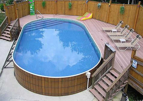 Sloped Landscape, Pool Deck Kits, Oval Above Ground Pools, Oberirdischer Pool, Ideas De Piscina, Swimming Pool Kits, Pool Decking, Oval Pool, Oberirdische Pools