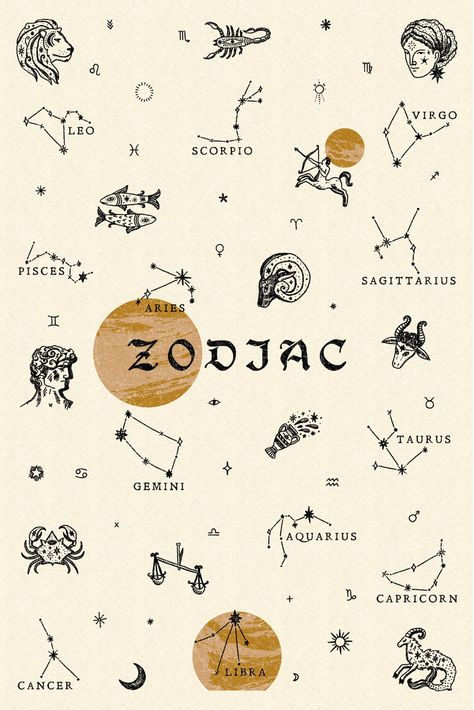 Zodiac Sign Prints, Zodiac Signs Graphic Design, Zodiac Signs Logo, Big 3 Zodiac Tattoo, Astrology Art Illustration, Zodiac Signs Wallpaper, Zodiac Signs Poster, Zodiac Signs Illustration, Zodiac Constellation Tattoo