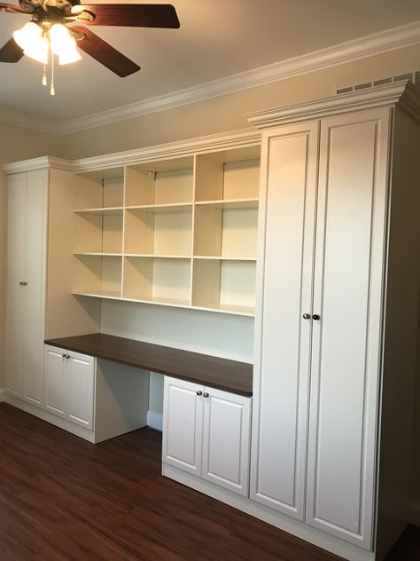 Cabinet Desk Built In, Built In Study Table With Shelves, Cabinets With Built In Desk, Wall Storage Unit With Desk, Desk Out Of Cabinets, Desk Cabinets Built In, Built In Pantry Cabinet Wall With Desk, Kitchen Cabinets In Office, Built In Filing Cabinet Home Office