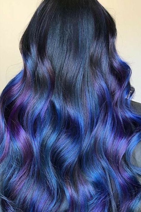 Dark Blue And Purple Hair Ombre, Dark Blue And Dark Purple Hair, Black Blue And Purple Hair, Blue Purple Balayage, Dark Blue Balayage Hair, Blue And Purple Hair Highlights, Blue Bayalage Hair, Blue And Purple Ombre Hair, Dark Blue And Purple Hair