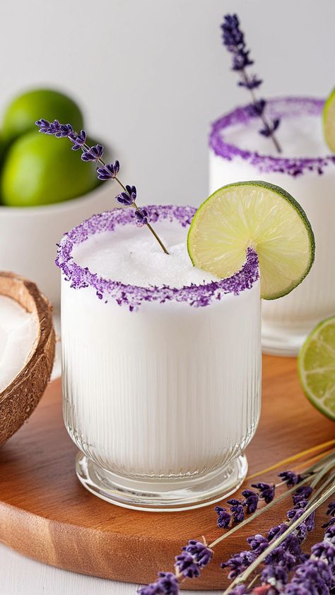 Lavender Coconut Margarita Cute Tequila Drinks, Coconut Lavender Margarita, Summer Themed Drinks, Lavender Margarita Recipe, Gourmet Cocktails, Unique Margarita Recipes, Cocktail Party Recipes, Floral Margarita, Lavender Margarita