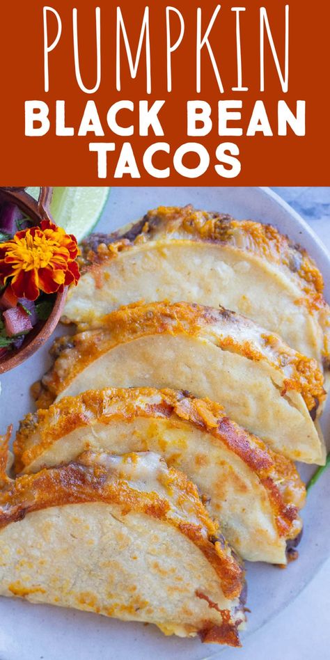 Acorn Squash Tacos, Fall Taco Recipes, Fall Tacos, Black Bean Tacos Recipes, Pumpkin Tacos, Butternut Black Bean, Halloween Tacos, Mexican Pumpkin, Black Bean Quesadilla