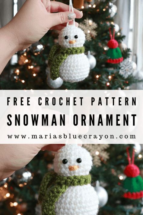 Crochet Snowman Ornament – Free Pattern | Maria's Blue Crayon | Bloglovin’ Crocheted Snowman, Box Noel, Crochet Christmas Ornaments Free, Crochet Ornament Patterns, Christmas Crochet Patterns Free, Crochet Snowman, Crochet Xmas, Crochet Christmas Decorations, Crochet Ornaments