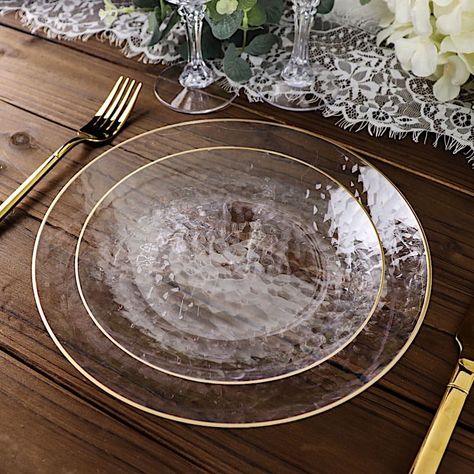 Buy BalsaCircle 10 Clear 9" Round Hammered Disposable Salad Dinner Plastic Plates Gold Trim Party Tableware Decorations at Walmart.com Salad Dinner, 10 Dinner, Rim Design, Dinner Salads, Hammered Gold, Plastic Plates, Party Plates, Party Tableware, Gold Style