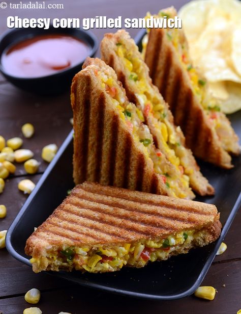 cheesy corn grilled sandwich recipe | corn cheese grilled sandwich | Indian sweet corn sandwich | Sandwich Indian, Cheese Grilled Sandwich, Corn Grilled, Grilled Sandwich Recipe, Sandwich Recipes Indian, Cheesy Sandwich, Potato Sandwich, Veg Sandwich, Cheesy Corn