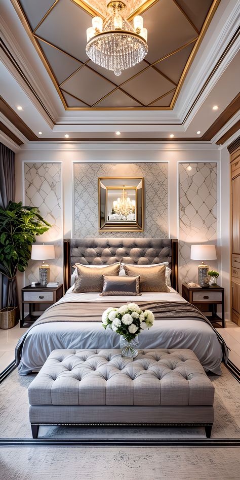 Luxury Master Bedrooms Decor Classy, Piopi Designs For Bedroom, Elegant Bedroom Ideas Luxury Master Suite Interior Design, Tray Ceiling Ideas Master Suite, Hotel Room Design Luxury Modern, Modern Victorian Bedroom Ideas, Luxury Hotel Room Bedroom Suites, Royal Luxury Bedroom Design, Rich Bedroom Luxury