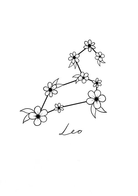 Leo constellation with a wild flower twist. Leo Zodiac Tattoos Constellation, Leo Constellation Tattoo Flower, Constellation Du Lion, Leo Zodiac Star Constellation, Leo Flower Tattoo Zodiac Signs, Lion Horoscope Tattoo, Cute Leo Tattoo Ideas, Leo Constellation Tattoo Stars, Leo Star Constellation Tattoo