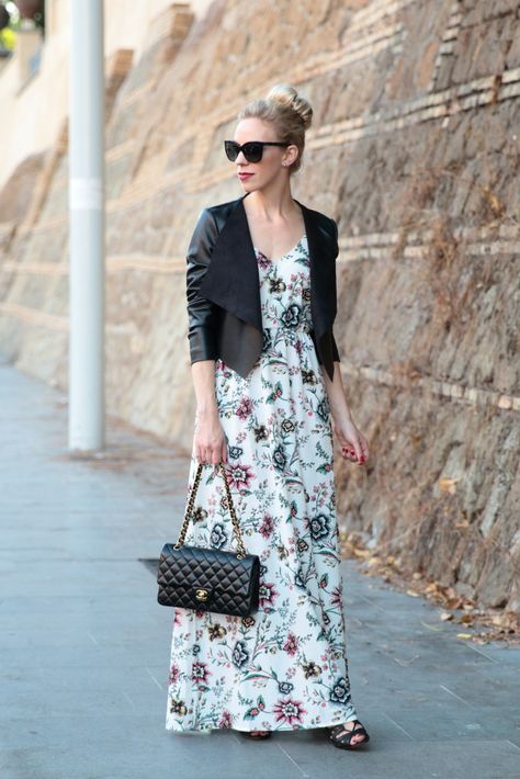 Transitional Maxi: floral print maxi dress, cropped leather jacket, Chanel medium classic flap bag black lambskin and gold hardware, lace-up leather sandals, leather jacket with maxi dress for fall Maxi Dress With Jacket, Floral Leather Jacket, Neon Prom Dresses, Leather Jacket Dress, Below The Knee Dresses, Dress With Jacket, Maxi Dress Outfit, Grunge Dress, Casual Wear Dress