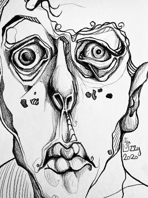 Easy Self Portrait Drawing, Frustration Drawing, Weird Face Drawing, Crazy Face Drawing, Weird Faces Drawing, Distortion Art Drawing, Bold Drawings, Weird Art Sketches, Strange Drawings